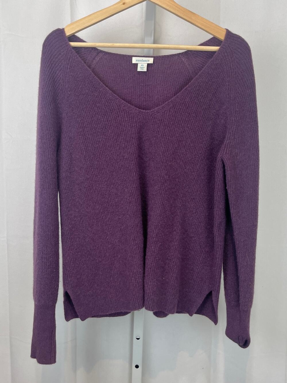SUNDANCE Cashmere V Neck Sweater Pullover Raglan Long Sleeve Purple Petite S PS